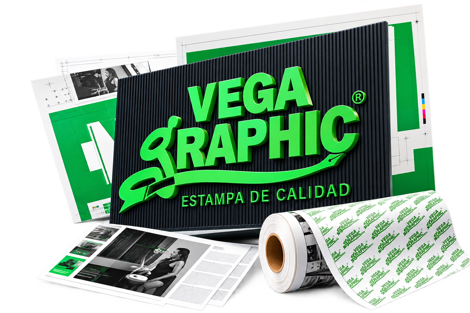 Letrero, papelería y material impreso de Vega Graphic